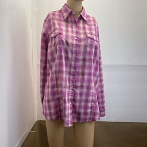Wrangler Wrancher Women Pink Plaid Pearl Snap Long Sleeve Button Up Shirt Wester
